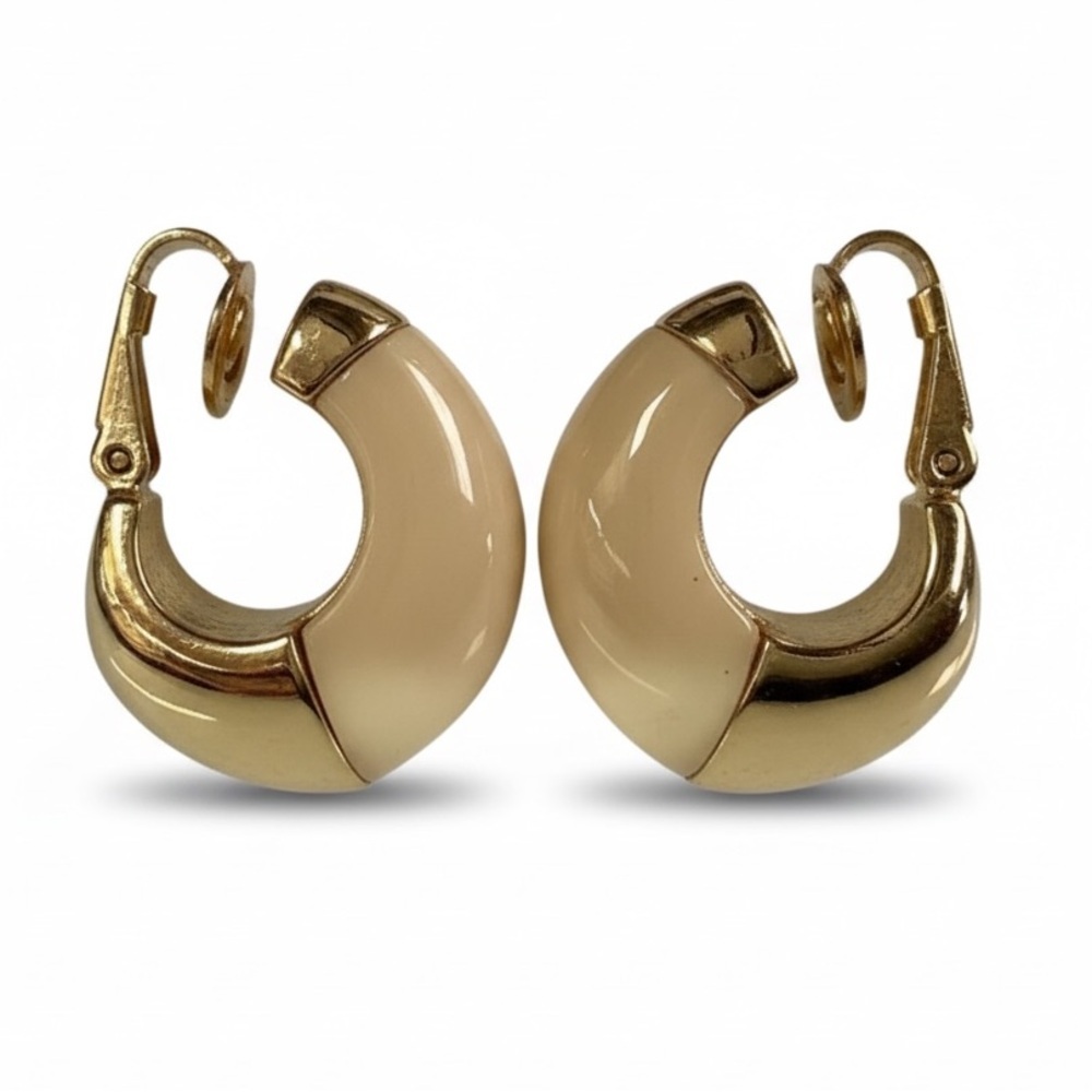 Crown Trifari Gold Tone Lucite Clip on Hoop Earrings Vintage Hoops Gold Earrings